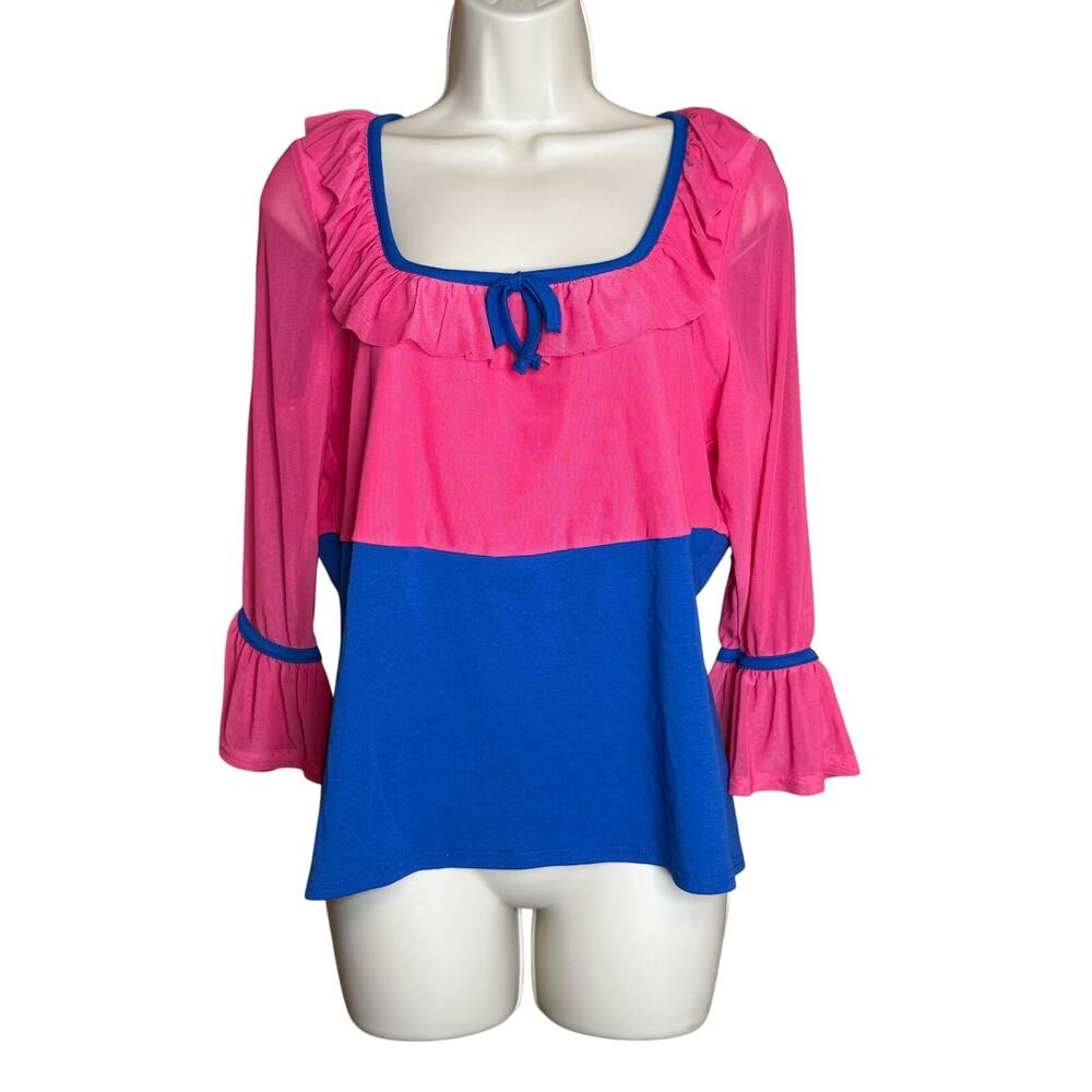 Unique Vintage Pink and Blue Top with Sheer Sleeves 1X 16 NWOT